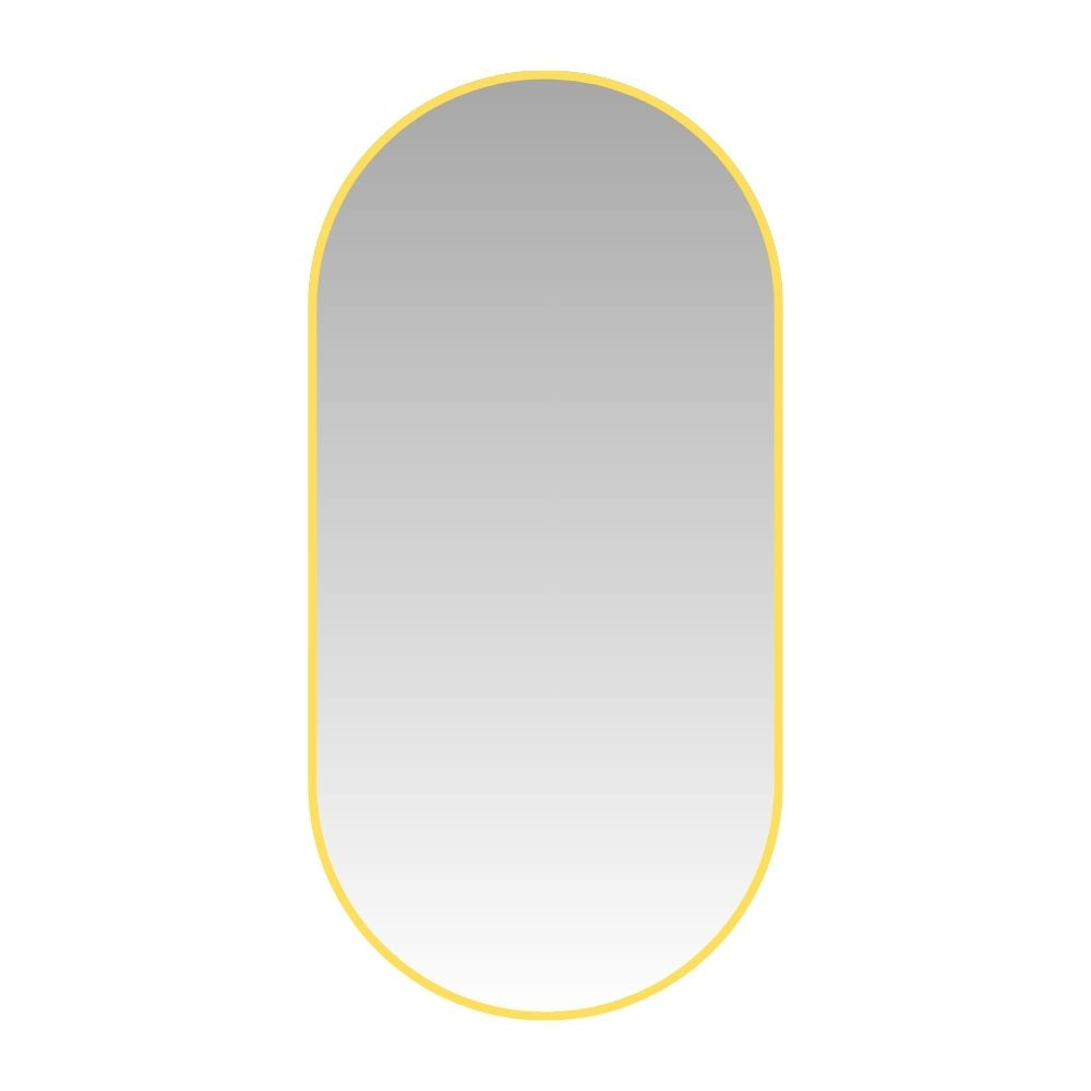 Pill 80 x 45 Duo mirror with yellow frame on white background, combining playful color with sleek aluminium design.
