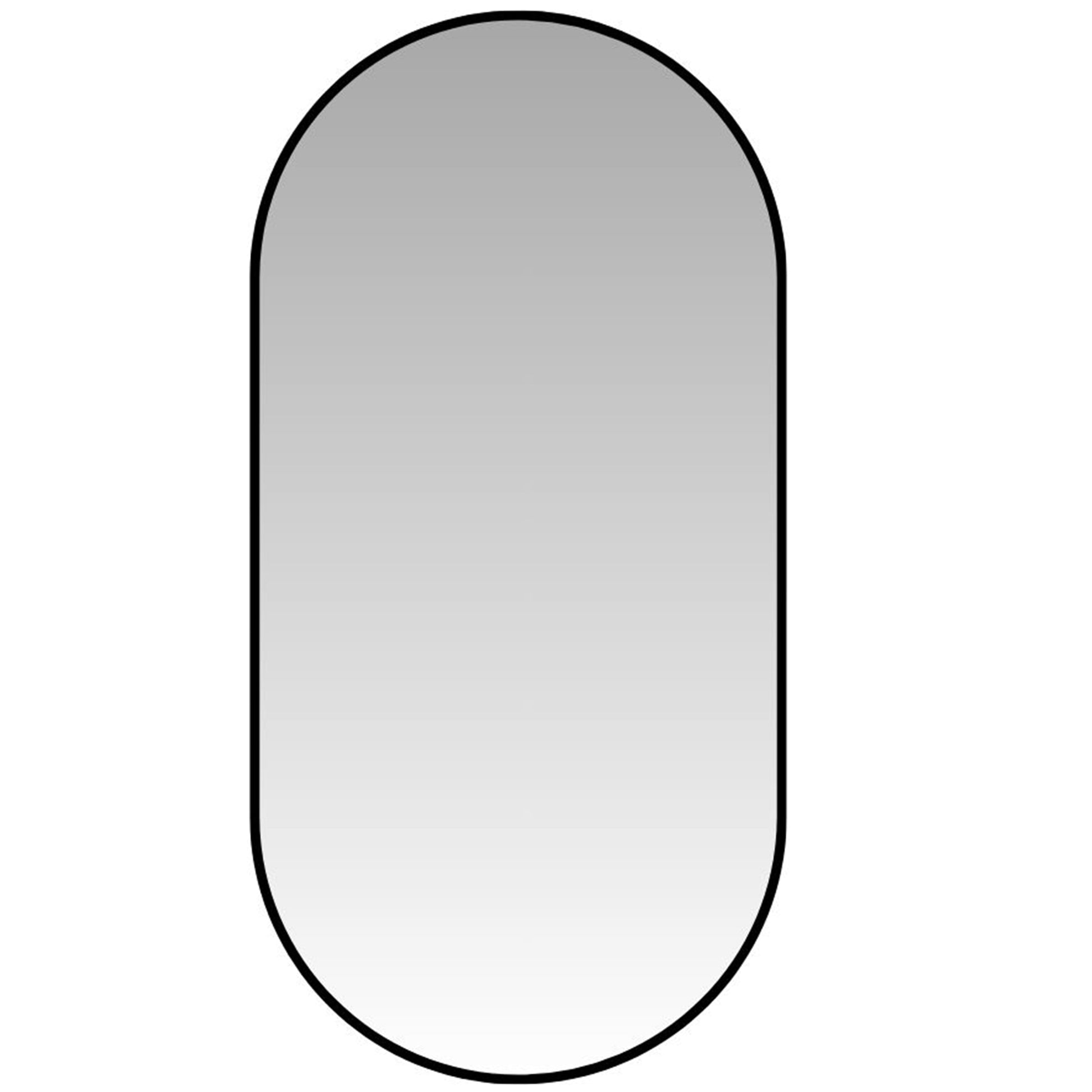 Pill-shaped aluminium mirror with sleek black frame, 100x55 cm, ideal for modern minimalist decor in home and garden interiors.