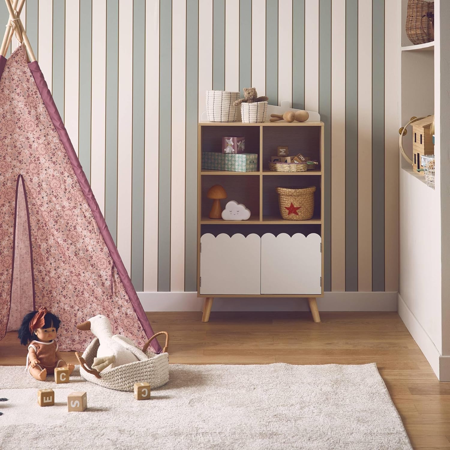Scalloped Doors Bookshelf - Natural Oak & White - The Don Home Interiors