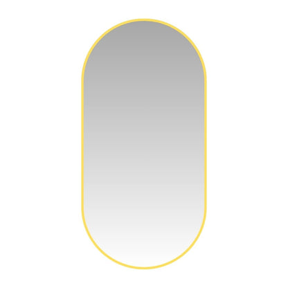 Pill 80 x 45 Duo mirror with yellow frame on white background, combining playful color with sleek aluminium design.