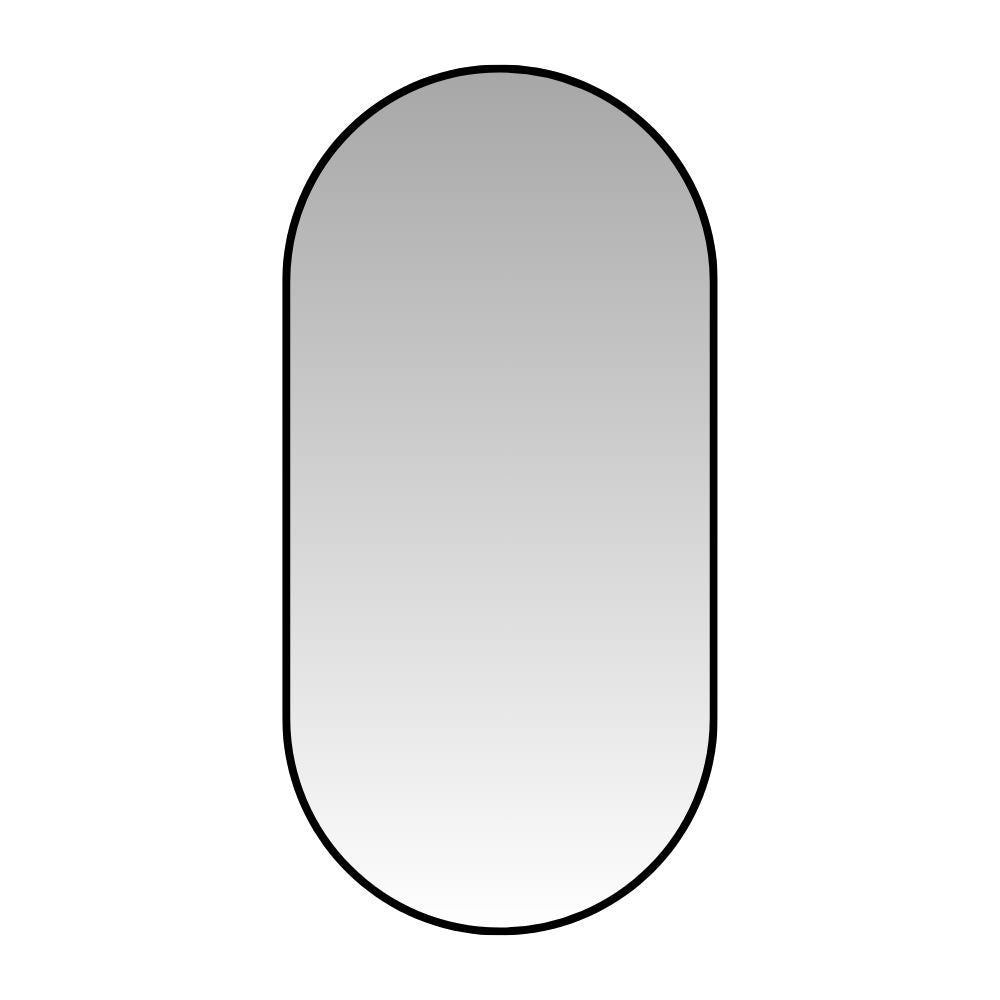 Single Pill 80 x 45 Duo pill-shaped aluminium mirror with a sleek black frame, perfect for contemporary interiors.