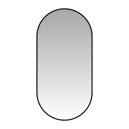 Single Pill 80 x 45 Duo pill-shaped aluminium mirror with a sleek black frame, perfect for contemporary interiors.