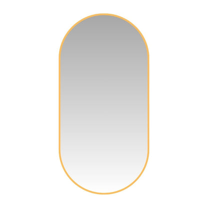 Pill-shaped aluminium mirror 100x55cm with sleek gold frame, ideal for modern home decor in minimalist interiors.
