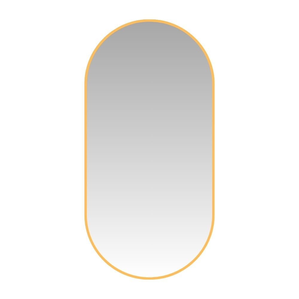 Pill-shaped aluminium mirror 100x55cm with sleek gold frame, ideal for modern home decor in minimalist interiors.