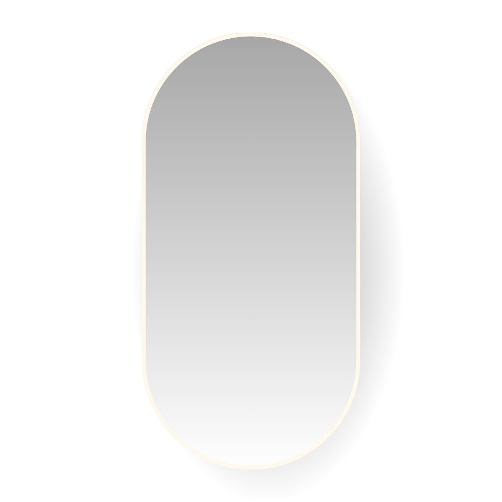 Pill-shaped aluminium mirror with sleek white frame, 100x55cm size, ideal for modern home decor in minimalist interiors.