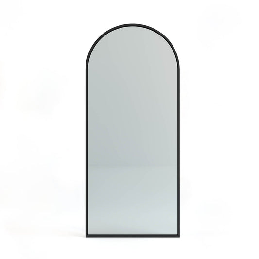 Modern Leaning Arch Mirror 160x55cm in brushed black aluminum, perfect for wall mounting or standing in contemporary home decor settings.